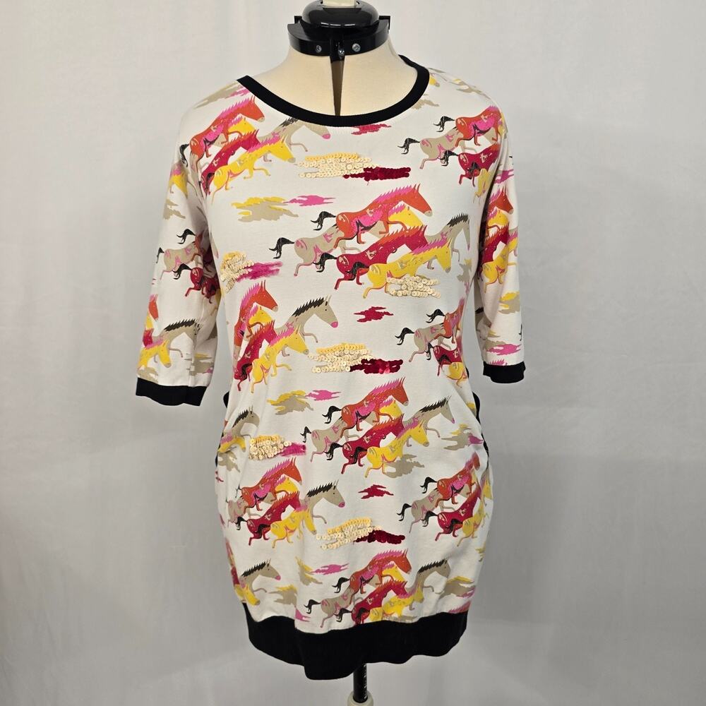Retro Cachemire Knit Skater Dress Women's M * Multi-Color Horse Print Cotton